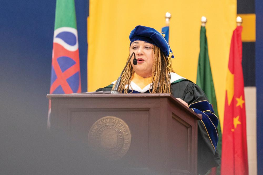 Dr. Sonya Maria Johnson speaking at Commencement 2023.